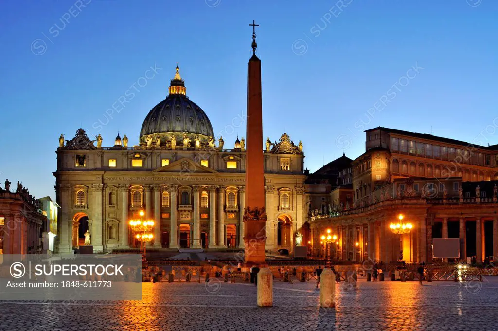 St. Peter's Basilica, obelisk, Apostolic Palace, St. Peter's Square, Vatican City, Rome, Lazio, Italy, Europe