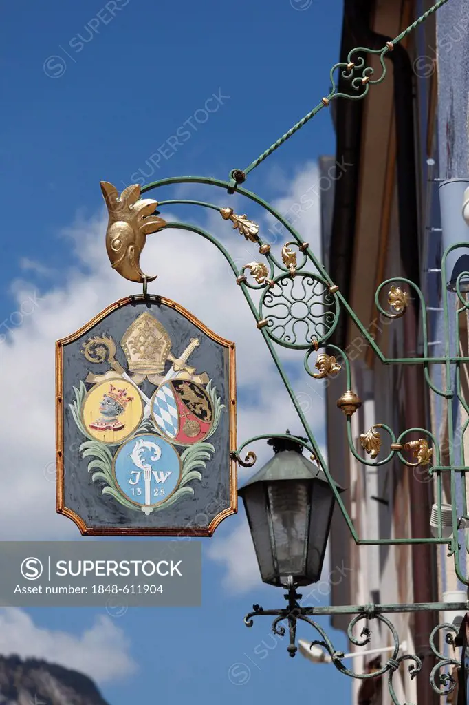 Guild symbol, Werdenfelser Hof, district of Partenkirchen, Garmisch-Partenkirchen, Werdenfelser Land region, Upper Bavaria, Bavaria, Germany, Europe, ...