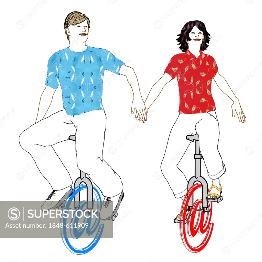 Man and woman riding on unicyles made of at symbols, symbolic image for internet friendship, illustration