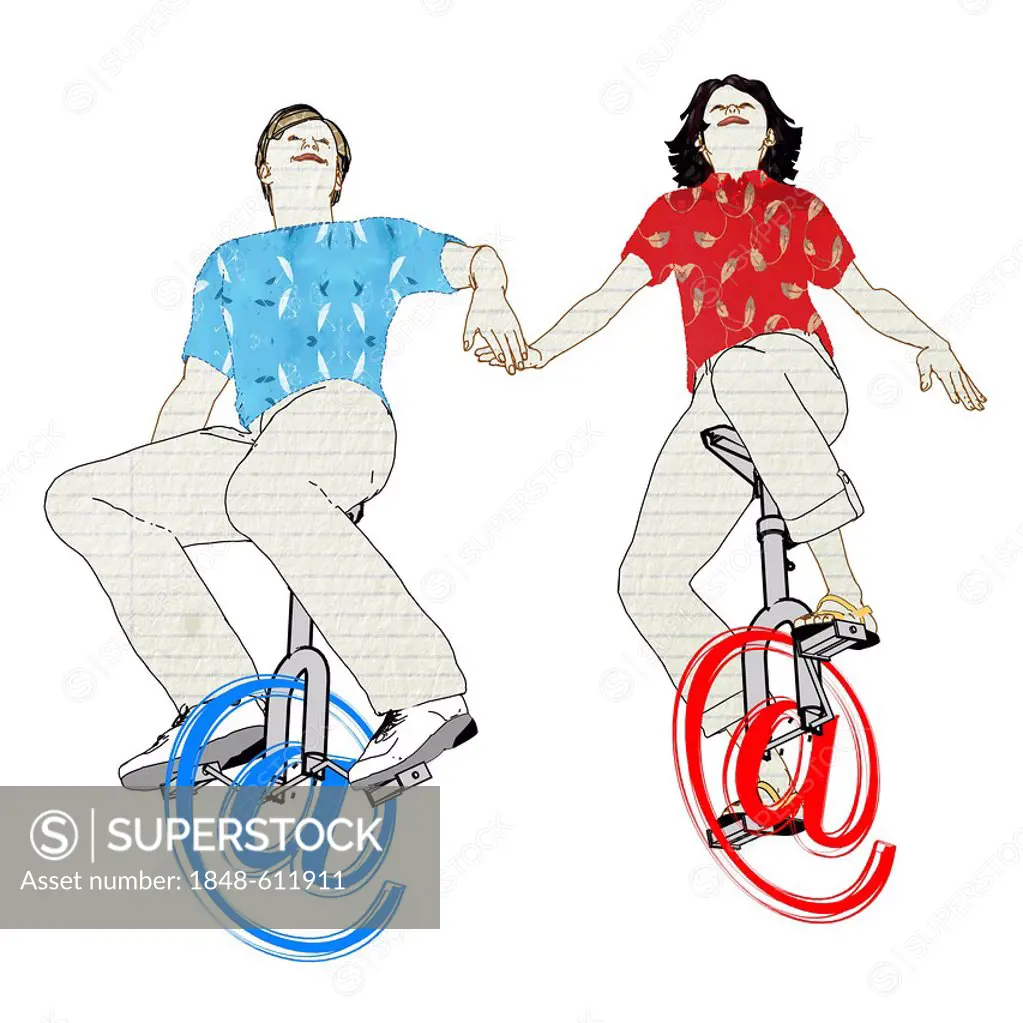 Man and woman riding on unicyles made of at symbols, symbolic image for internet friendship, illustration