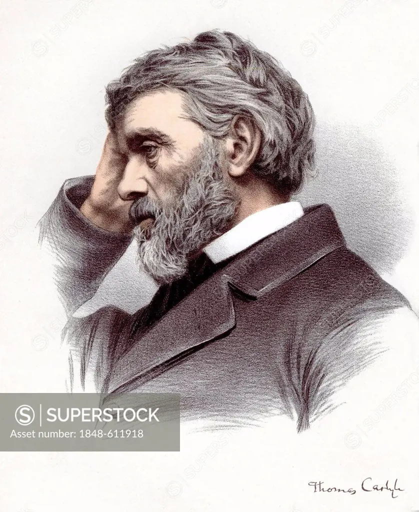 Historic chromolithography from the 19th century, portrait of Thomas Carlyle, 1795 - 1881, a Scottish essayist and historian of Victorian Great Britai...