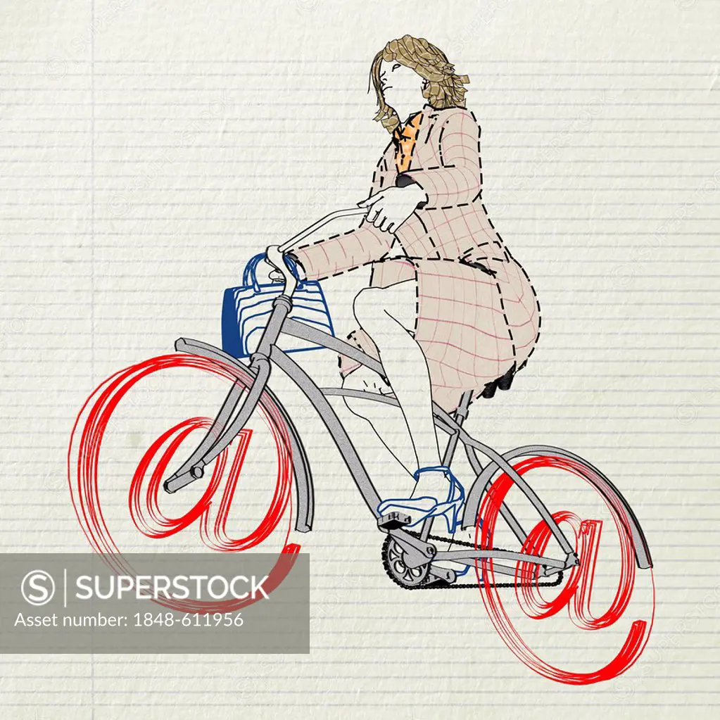 Silver surfer, elderly woman riding a bicycle with wheels made up of at symbols, illustration