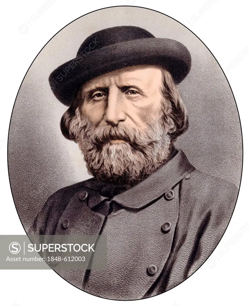 Historic chromolithography from the 19th century, portrait of Giuseppe Garibaldi, 1807 - 1882, an Italian guerrilla fighter and protagonist of the Ris...