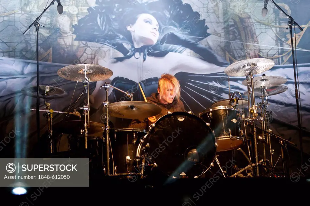 Mikko Sirén, drummer of the Finnish band Apocalyptica playing live at the Soundcheck Open Air in Sempach-Neuenkirch, Lucerne, Switzerland, Europe