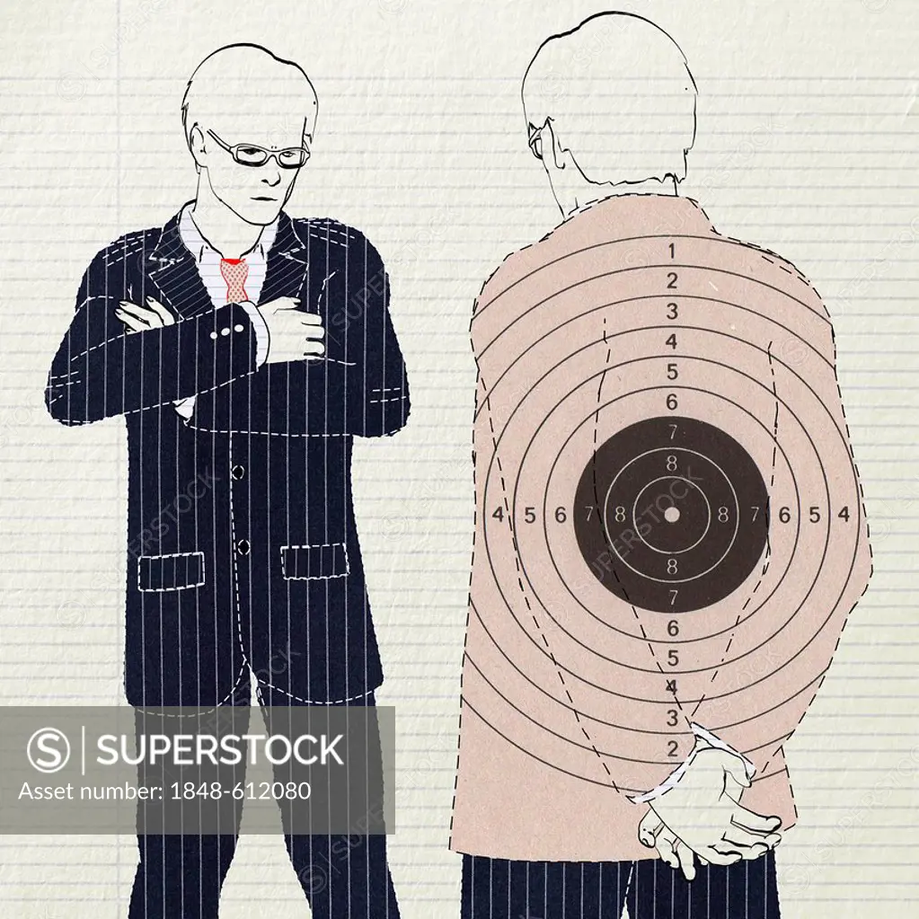 Colleague or co-worker with a target mark on his back, symbolic image for bullying, illustration