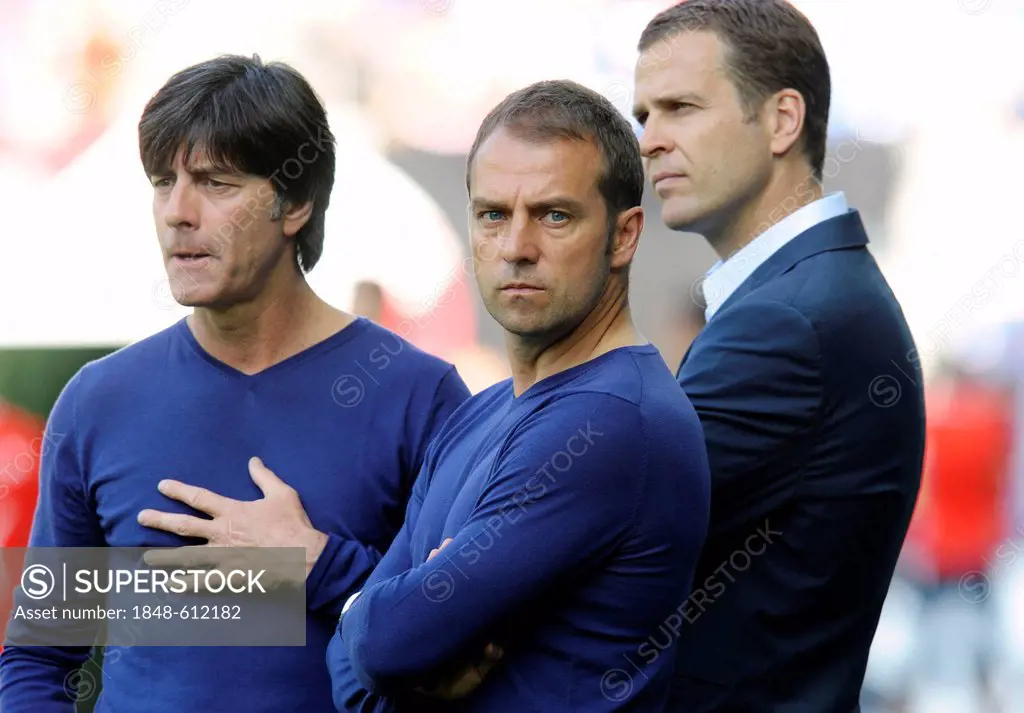 German national coach Joachim Loew, assistant coach Hansi Flick and team manager Oliver Bierhoff, warm-up game for the UEFA European Football Champion...