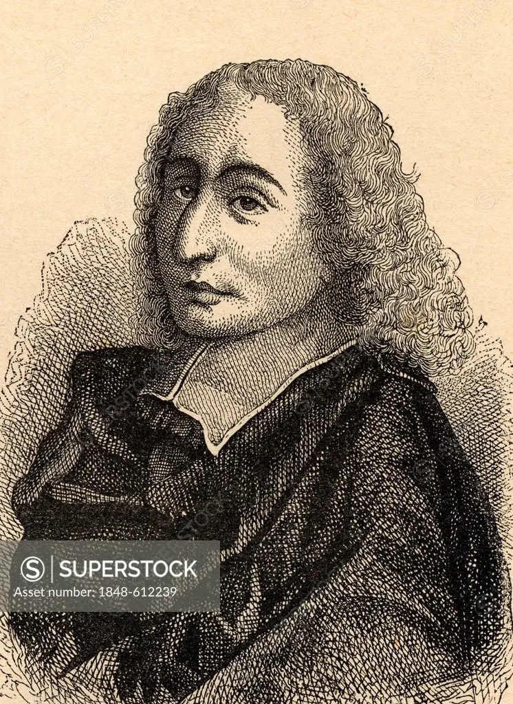 Blaise Pascal, French scientist, 1623 - 1662, historical illustration, 1860