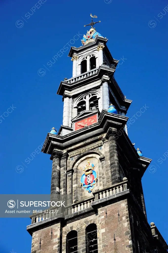 Westerkerk Church in the Jordaan Quarter, Prinsengracht, city centre, Amsterdam, Noord-Holland, North Holland, the Netherlands, Europe