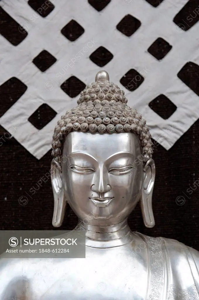 Tibetan Buddhism, silver Buddha statue, symbol of the endless knot or eternal knot, Jokhang Temple, Lhasa, Himalayas, Tibet, China, Asia