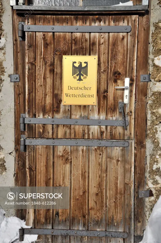 Door, sign of the Deutscher Wetterdienst German Weather Service on Mt. Zugspitze, 2962m, Wettersteingebirge mountains, Upper Bavaria, Germany, Europe