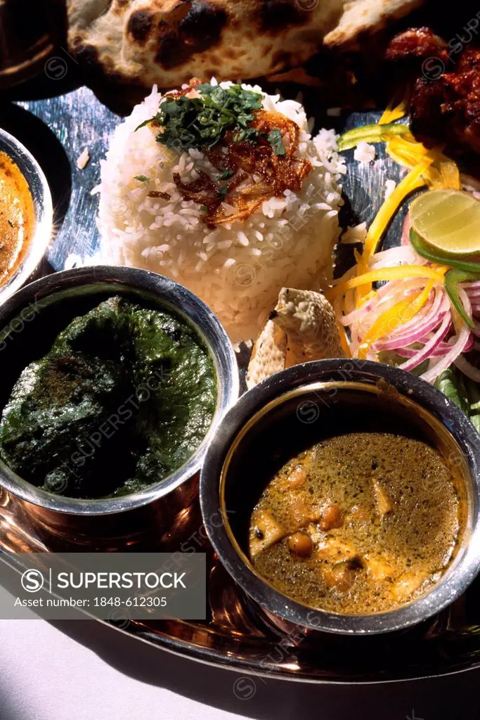Thali, menu with several dishes and sauces, contains meat, Shimla, Himachal Pradesh, India, Asia