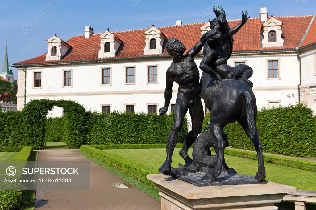 Wallenstein Palace and the castle garden, row of bronze statues, historic district, Prague, Czech Republic, Europe