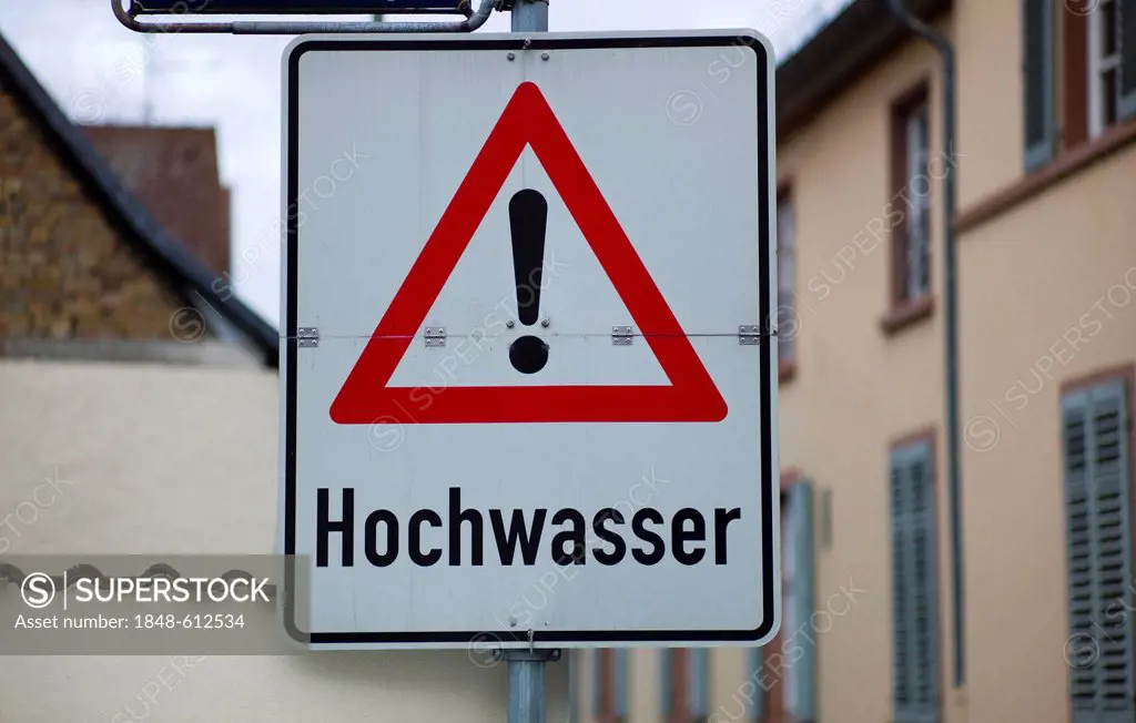 Sign Hochwasser, German for flooding, Germany