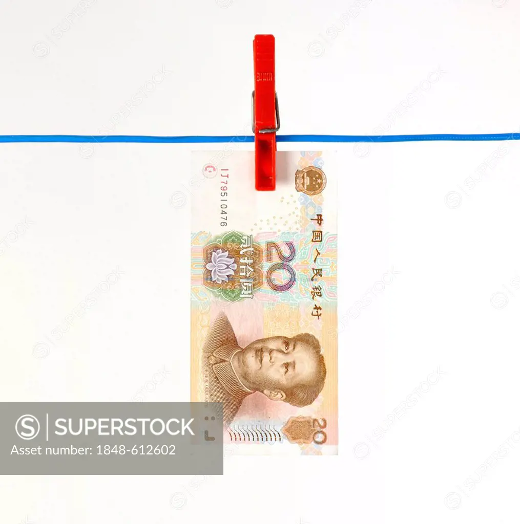Chinese Yuan, Yuán, Renminbi, currency of the People's Republic of China, bank note on a clothesline, symbolic image for money laundering, dirty money