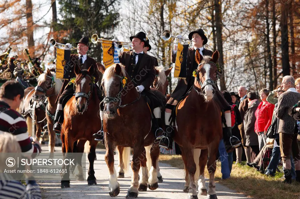 Mounted fanfare trumpeters, Leonhardi procession, Bad Toelz, Isarwinkel, Upper Bavaria, Bavaria, Germany, Europe