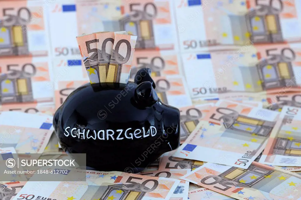 Black piggy bank with Schwarzgeld or dirty money and 50-euro notes