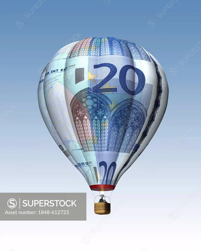 Hot air balloon from 20 euro banknotes, Illustration