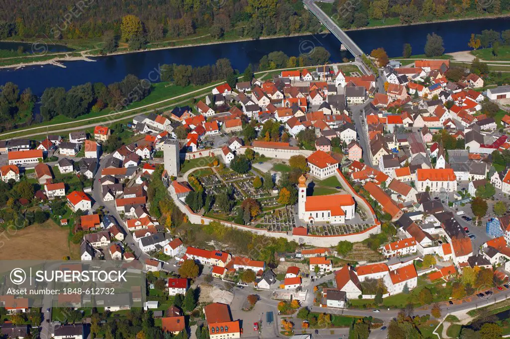 Aerial view, Vohburg an der Donau, Danube river, Hollerdau, Bavaria, Germany, Europe