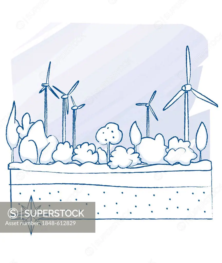 Wind turbines, ground cross-section, illustration