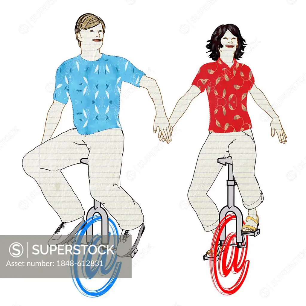 Man and woman riding on unicyles made of at symbols, symbolic image for internet friendship, illustration