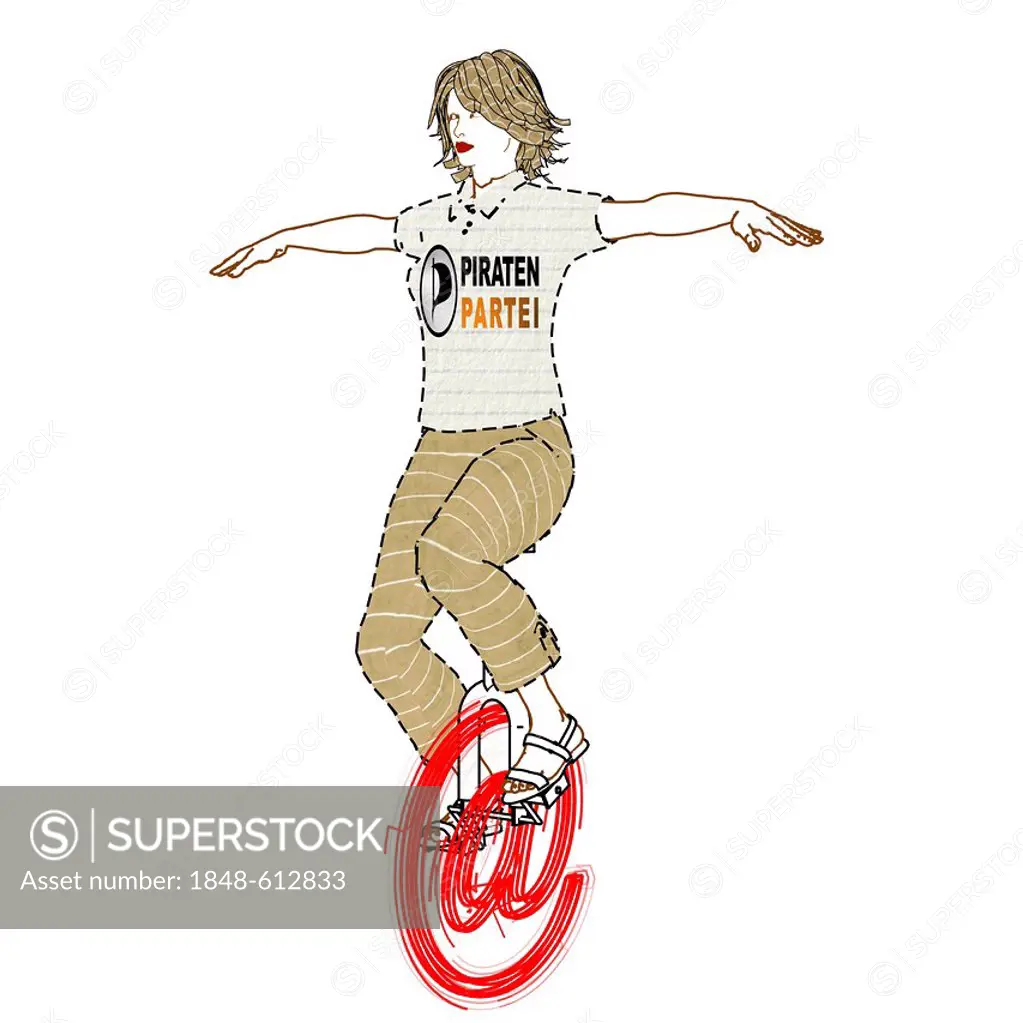 Woman in a T-shirt with a logo of the Pirate Party riding a unicycle in the shape of an at symbol, symbolic image, illustration