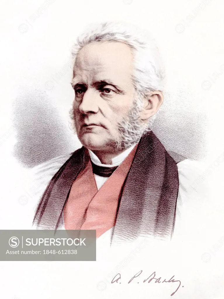 Historic chromolithography from the 19th century, portrait of Arthur Penrhyn Stanley, 1815 - 1881, a British church historian, theologian and writer, ...