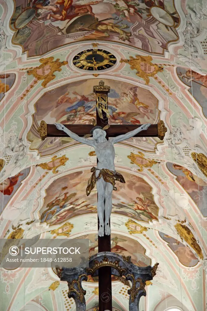 Interior view, crucifix, Baroque monastery church of St. George, Ochsenhausen, Upper Swabia, Baden-Wuerttemberg, Germany, Europe