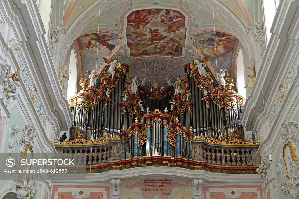 Interior view, Gabler organ, monastery church of St. George, Ochsenhausen, Upper Swabia, Baden-Wuerttemberg, Germany, Europe