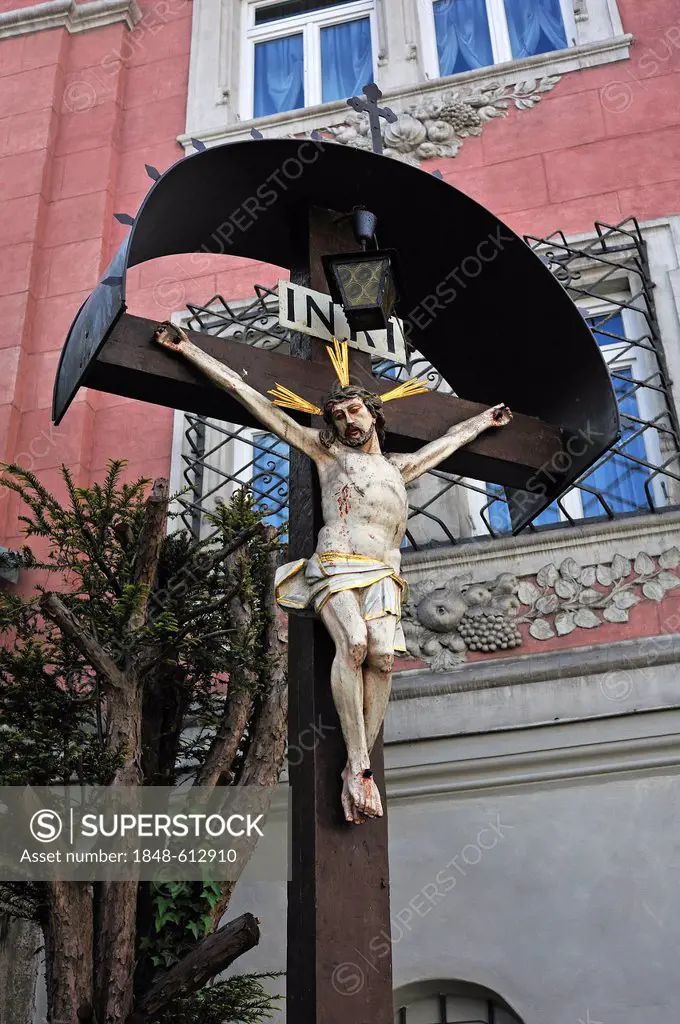 Jesus on the cross in front of the Carmelite monastery, Karmelitenplatz square, Bamberg, Upper Franconia, Bavaria, Germany, Europe