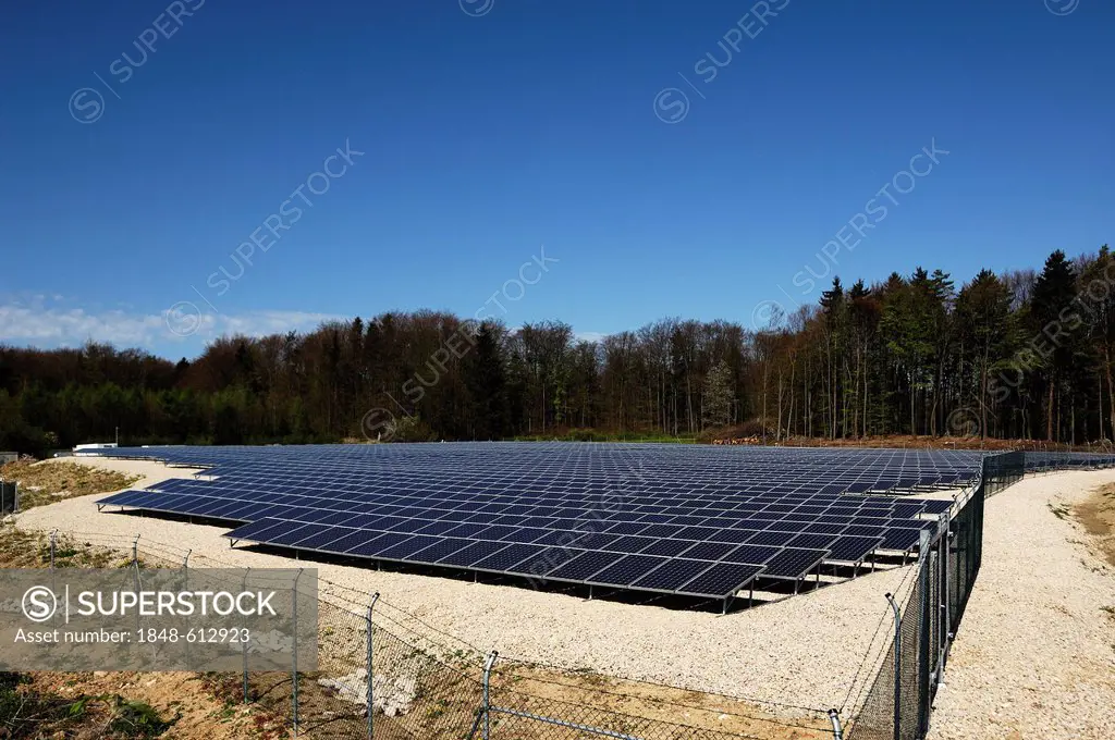 Large fenced photovoltaic power plant on a waste disposal site, completed in April 2012, Betzenstein, Upper Franconia, Bavaria, Germany, Europe