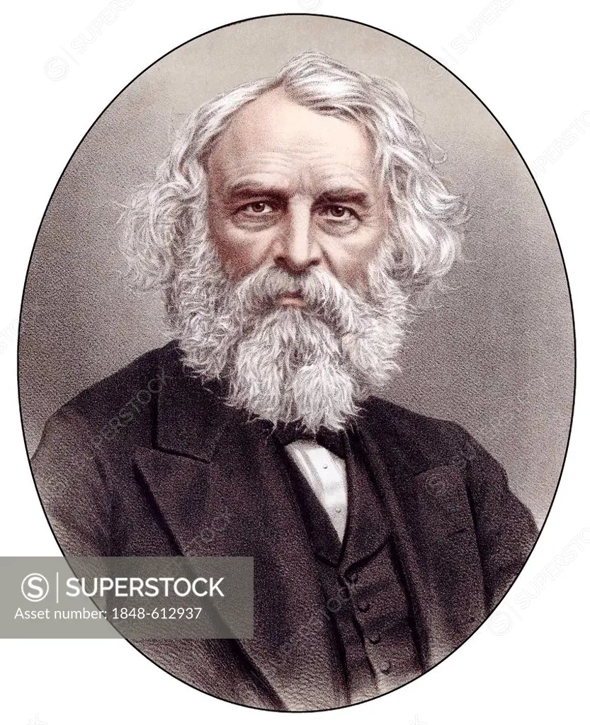 Historic chromolithography from the 19th century, portrait of Henry Wadsworth Longfellow, 1807 - 1882, an American writer, poet, translator and playwr...
