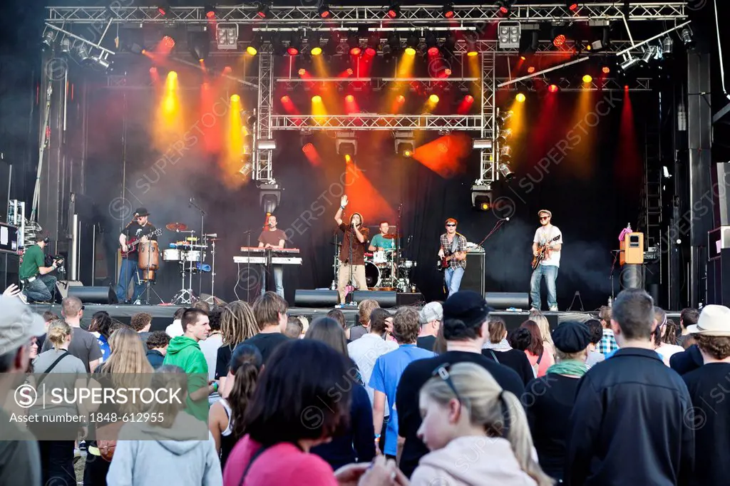 The German reggae band Sebastian Sturm & Exile Airline, playing live at Soundcheck Open Air in Sempach-Neuenkirch, Lucerne, Switzerland, Europe