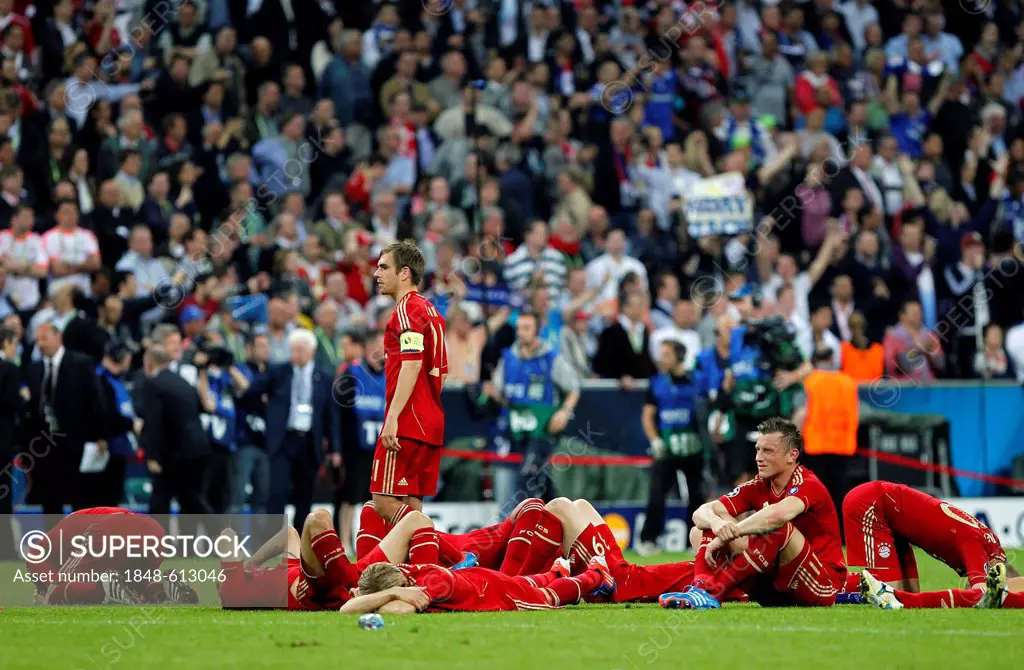 The players of Bayern Munich disappointedly sitting on the grass after the final whistle, 2012 UEFA Champions League Final, Bayern Munich vs FC Chelse...