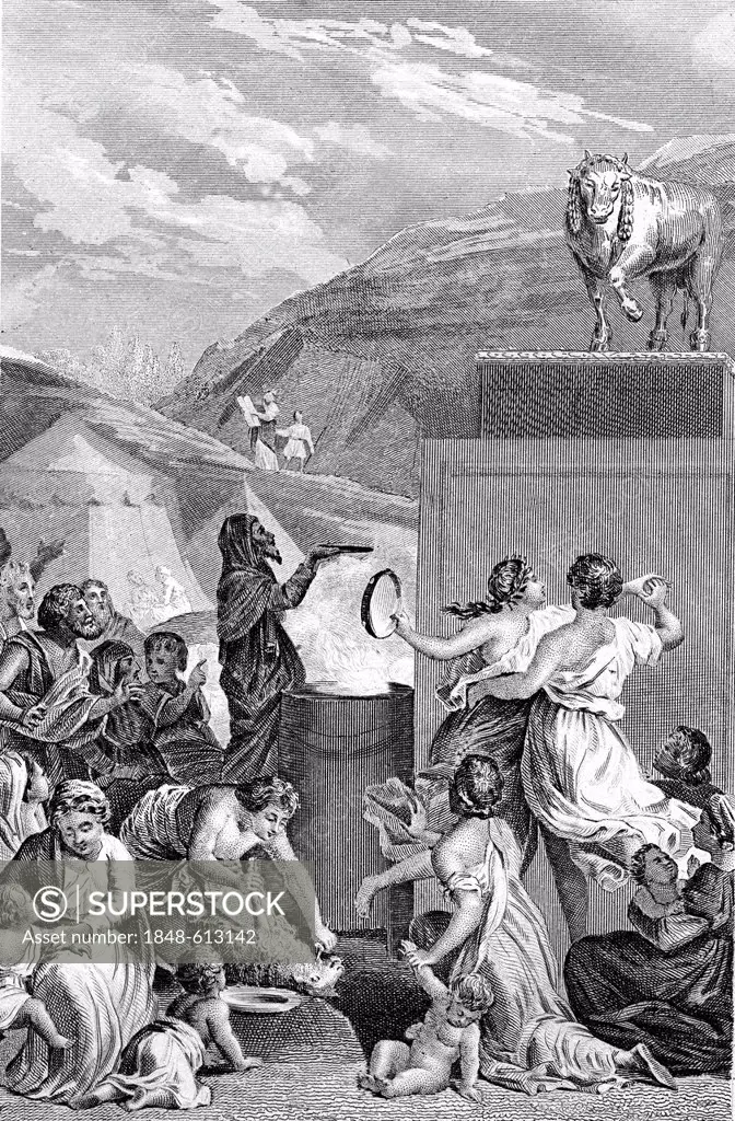 Adoration of the Golden Calf, biblical scene, historical illustration, 1872