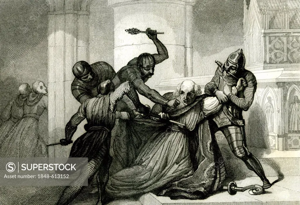 Assassination of Thomas Becket, Archbishop of Canterbury, 1118 - 1170, historical illustration, 1875