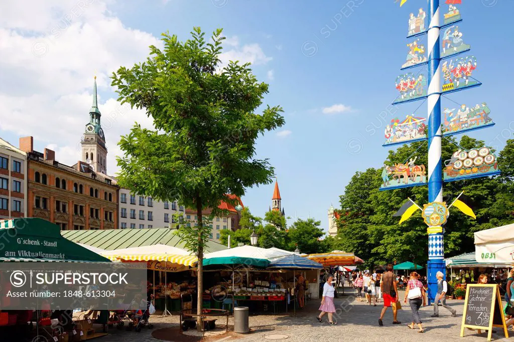 Viktualienmarkt market square with a maypole, Munich, Bavaria, Germany, Europe