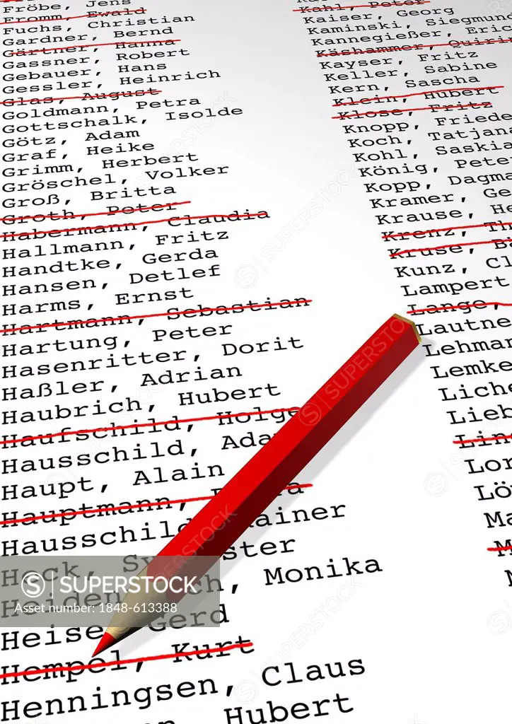 List of names, some crossed out, red pencil, illustration