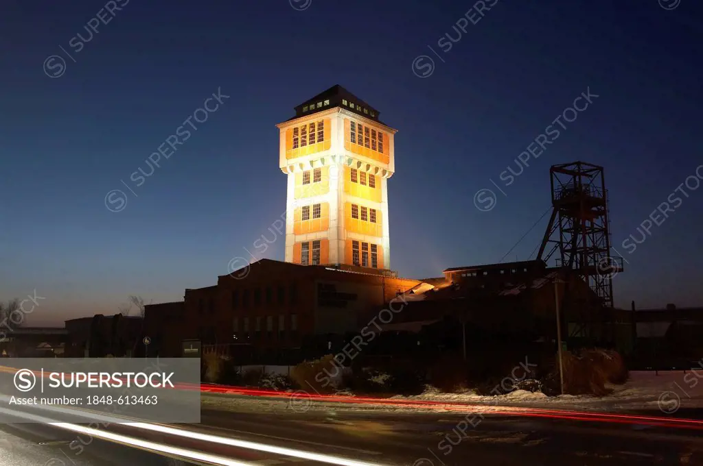 Illuminated shaft tower, mining museum, Oelsnitz in the Erzgebirge mountains, Saxony, Germany, Europe