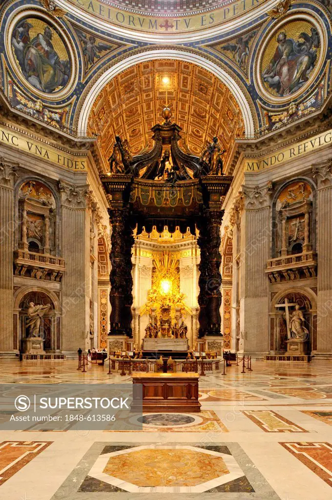St. Peter's baldachin, Bernini's baldachin above the papal altar on the crossing of St. Peter's Basilica, Vatican City, Rome, Lazio region, Italy, Eur...