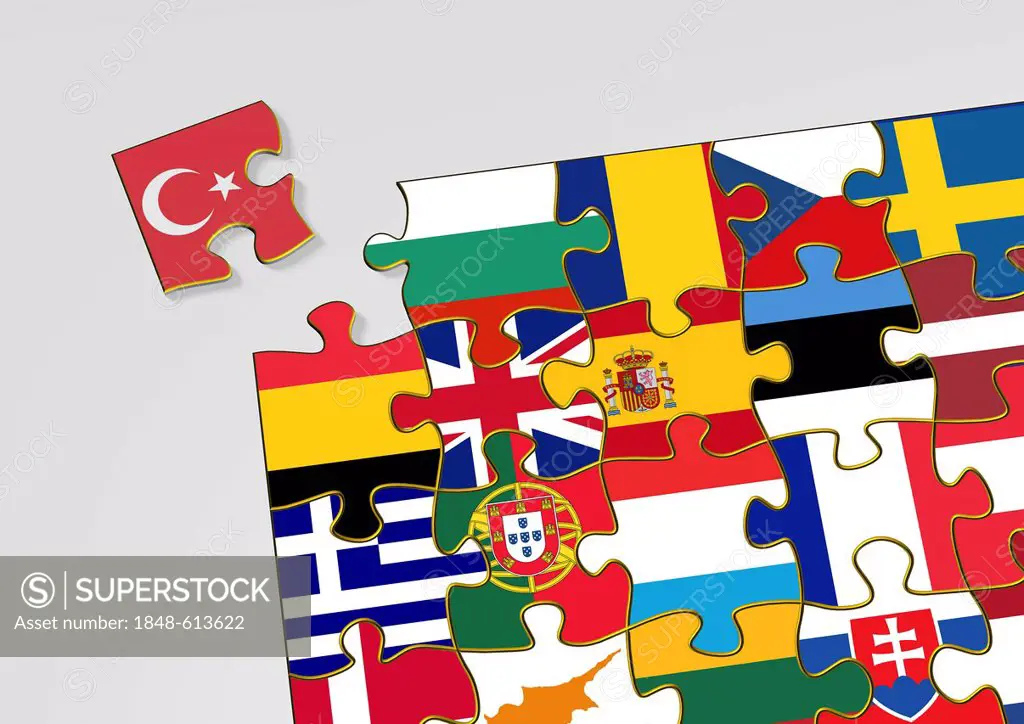 Jigsaw puzzle pieces with national flags, illustration, symbolic image for the EU accession candidate Turkey