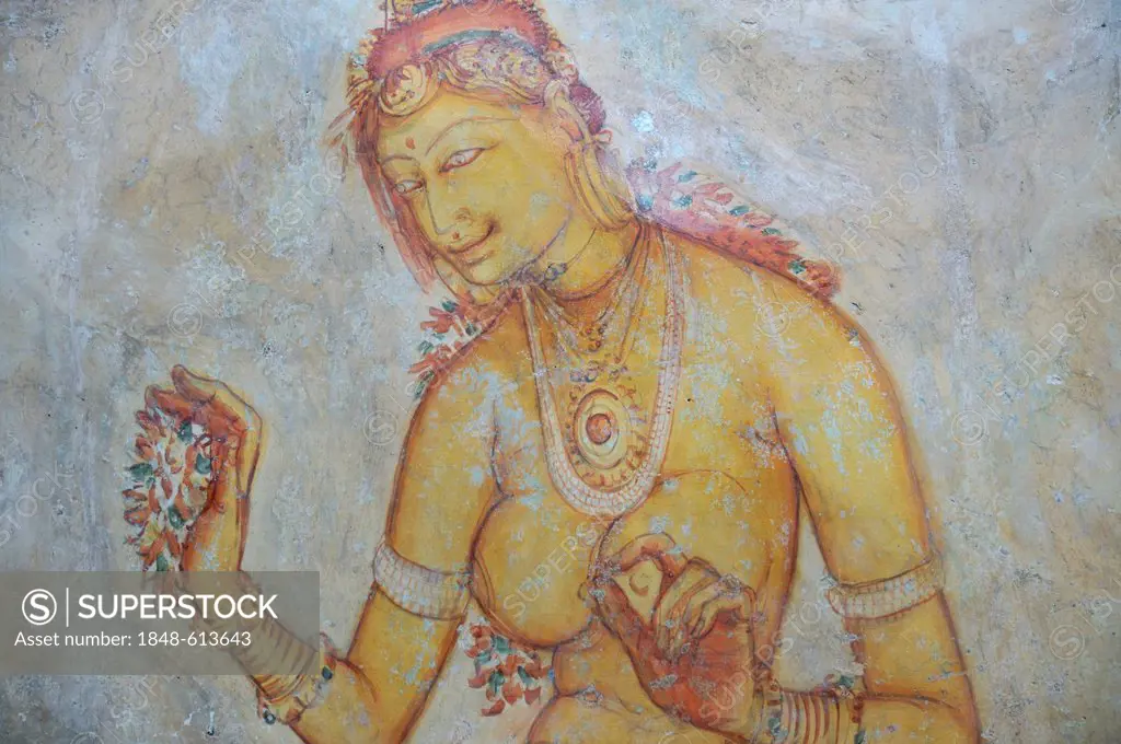 Cloud Maiden, frescoes from the 5th century on the Lion Rock, rock fortress, UNESCO World Heritage site, Sigiriya, Sri Lanka, Asia