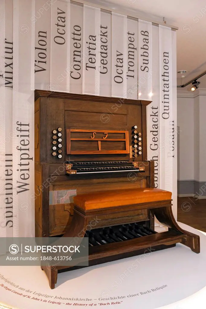 Organ console from Johanniskirche, St. John's Church, organ, register, Bach-Museum Leipzig, Leipzig Music Trail, Leipzig, Saxony, Germany, Europe