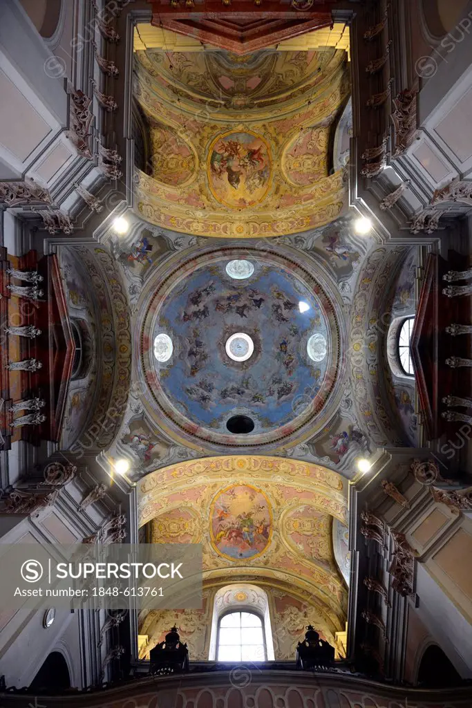 Interior view, large dome fresco of St. Francis, St. Francis of Assisi, Baroque dome, Elisabethinenkirche church, cultural heritage, Linz, Upper Austr...