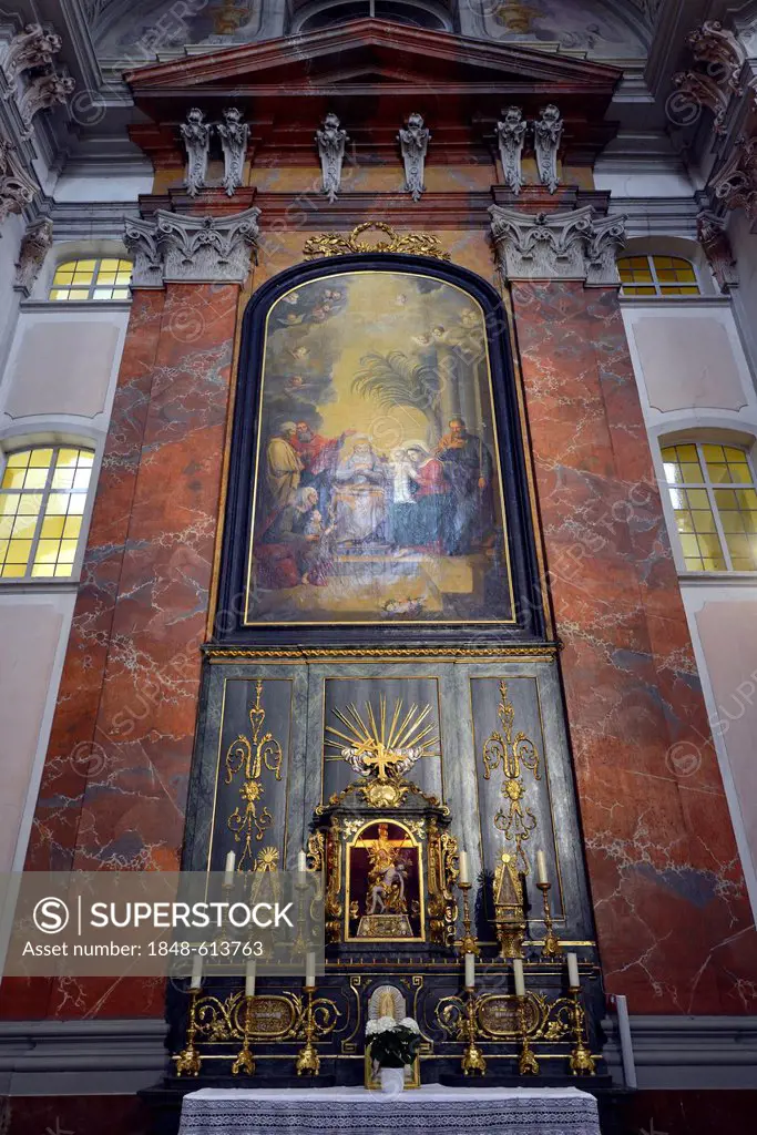 Interior view, right side altar with so-called Anna Selbdritt by Johann Anton Zitterer and the Pietà, Our Lady of Sorrows, in a glass shrine, Baroque ...