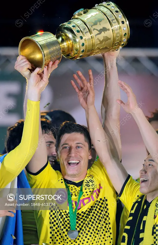 Cheering, Robert Lewandowski holding the Cup, DFB Cup final, BVB or Borussia Dortmund vs FC Bayern Munich 5-2, 05/12/2012, Olympic Stadium, Berlin, Ge...