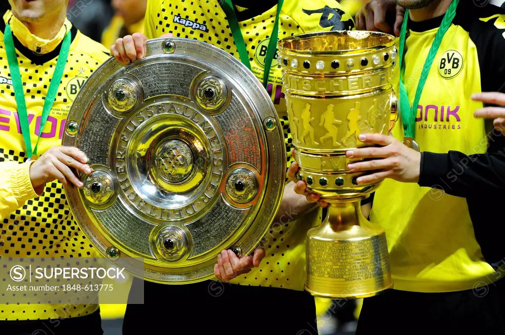 Dortmund players with the Championship Shield and the Cup, DFB Cup final, BVB or Borussia Dortmund vs FC Bayern Munich 5-2, 05.12.2012, Olympic Stadiu...