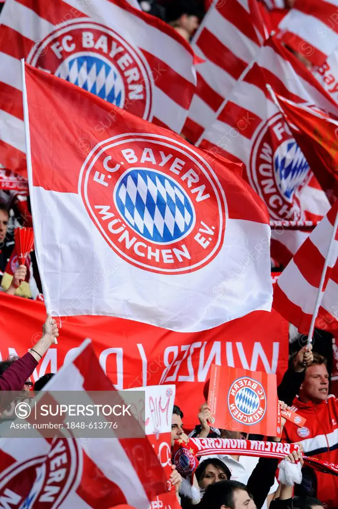 Waving flags, Bayern Munich fans, DFB Cup final, BVB or Borussia Dortmund vs FC Bayern Munich 5-2, 05/12/2012, Olympic Stadium, Berlin, Germany, Europ...