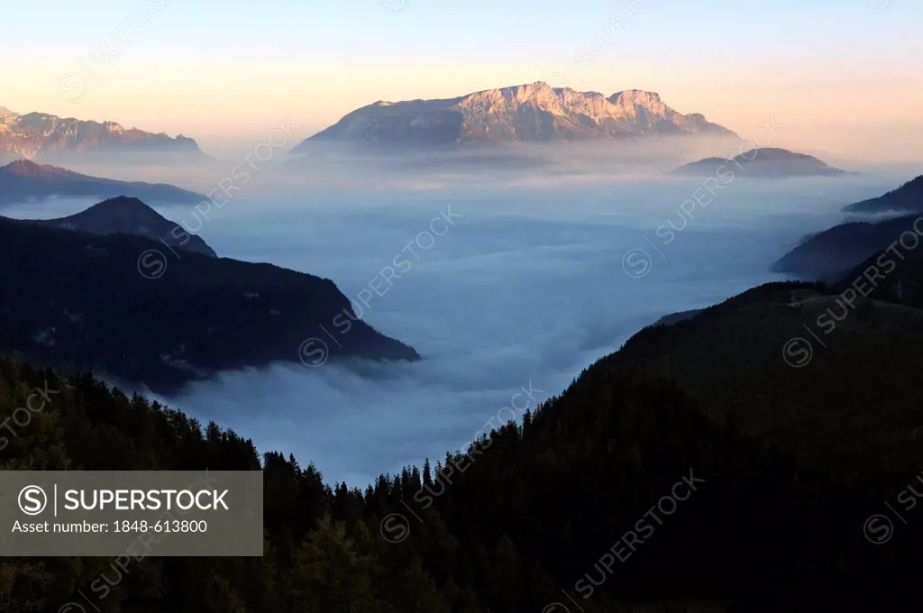 Fog over Koenigssee lake, view from Mt Feuerpalven to Mt Untersberg, Berchtesgadener Land district, Upper Bavaria, Bavaria, Germany, Europe