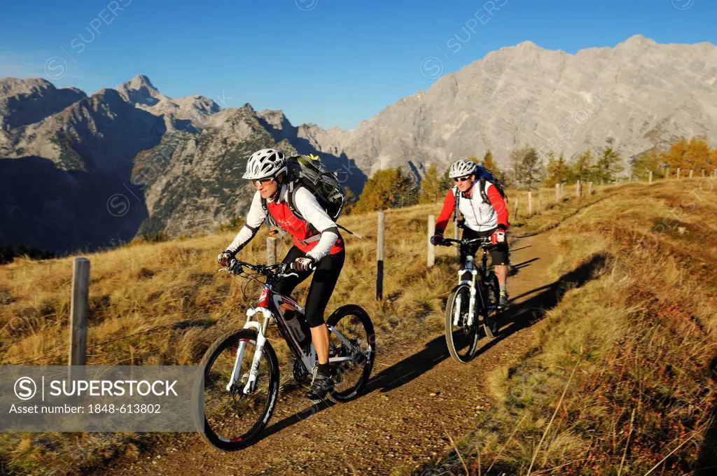 Mountainbikers on Mt Feuerpalven, Berchtesgadener Land district, Upper Bavaria, Bavaria, Germany, Europe