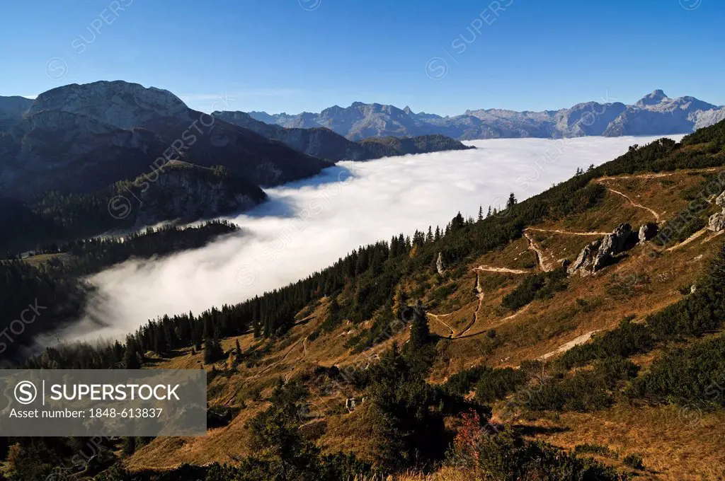 View of Schneibstein mountain as seen from Jenner mountain, district of Berchtesgadener Land, Upper Bavaria, Bavaria, Germany, Europe